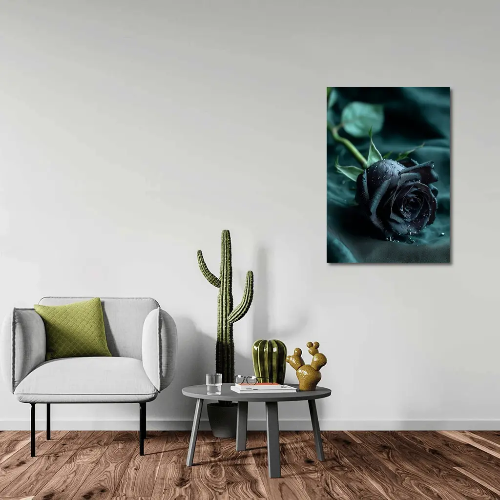 Black Rose With Dewdrops On Dark Fabric – Wall Art