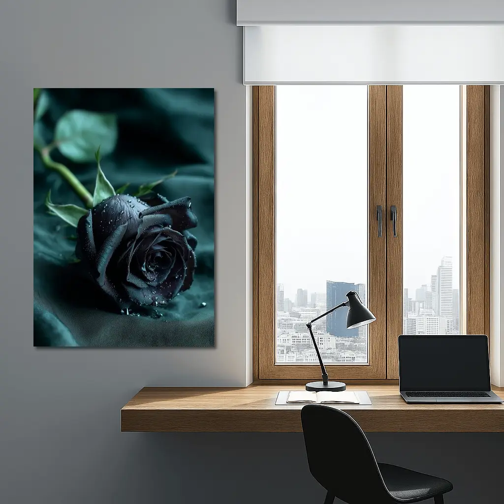 Black Rose With Dewdrops On Dark Fabric – Wall Art
