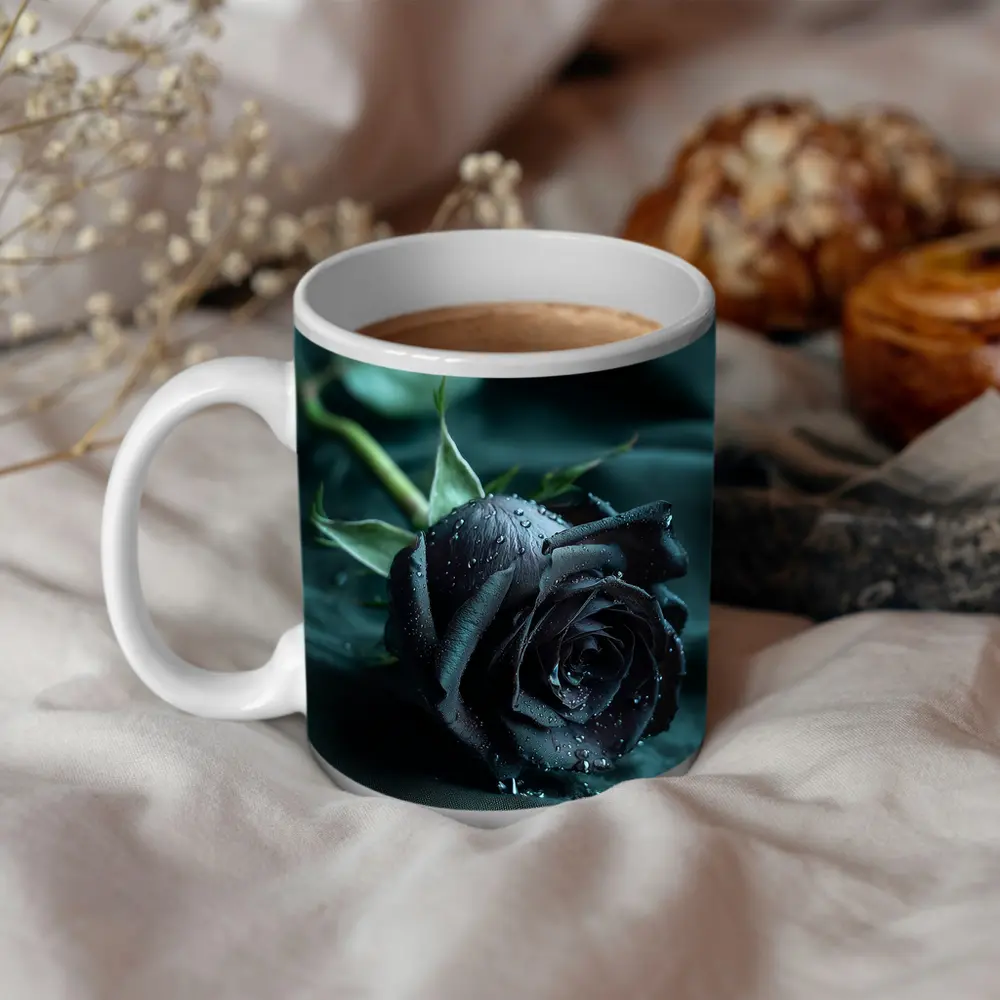 Black Rose With Dewdrops On Dark Fabric – Mugs