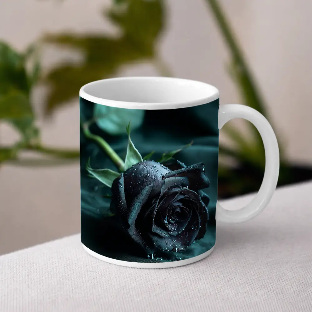Black Rose With Dewdrops On Dark Fabric – Mugs