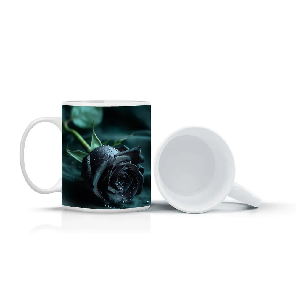 Black Rose With Dewdrops On Dark Fabric – Mugs