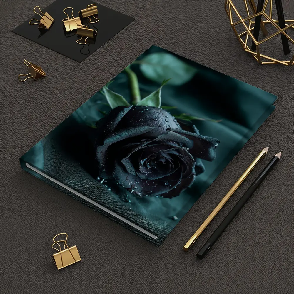 Black Rose With Dewdrops On Dark Fabric – Notebooks