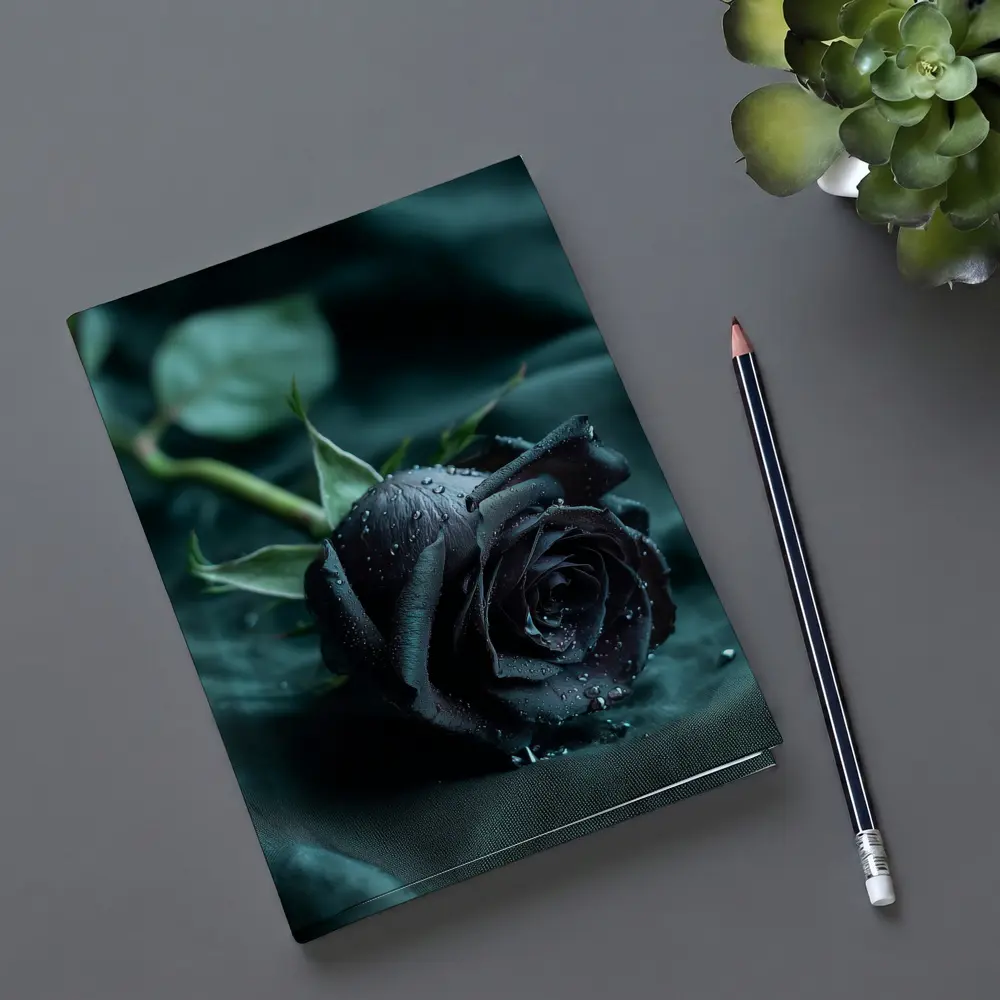 Black Rose With Dewdrops On Dark Fabric – Notebooks