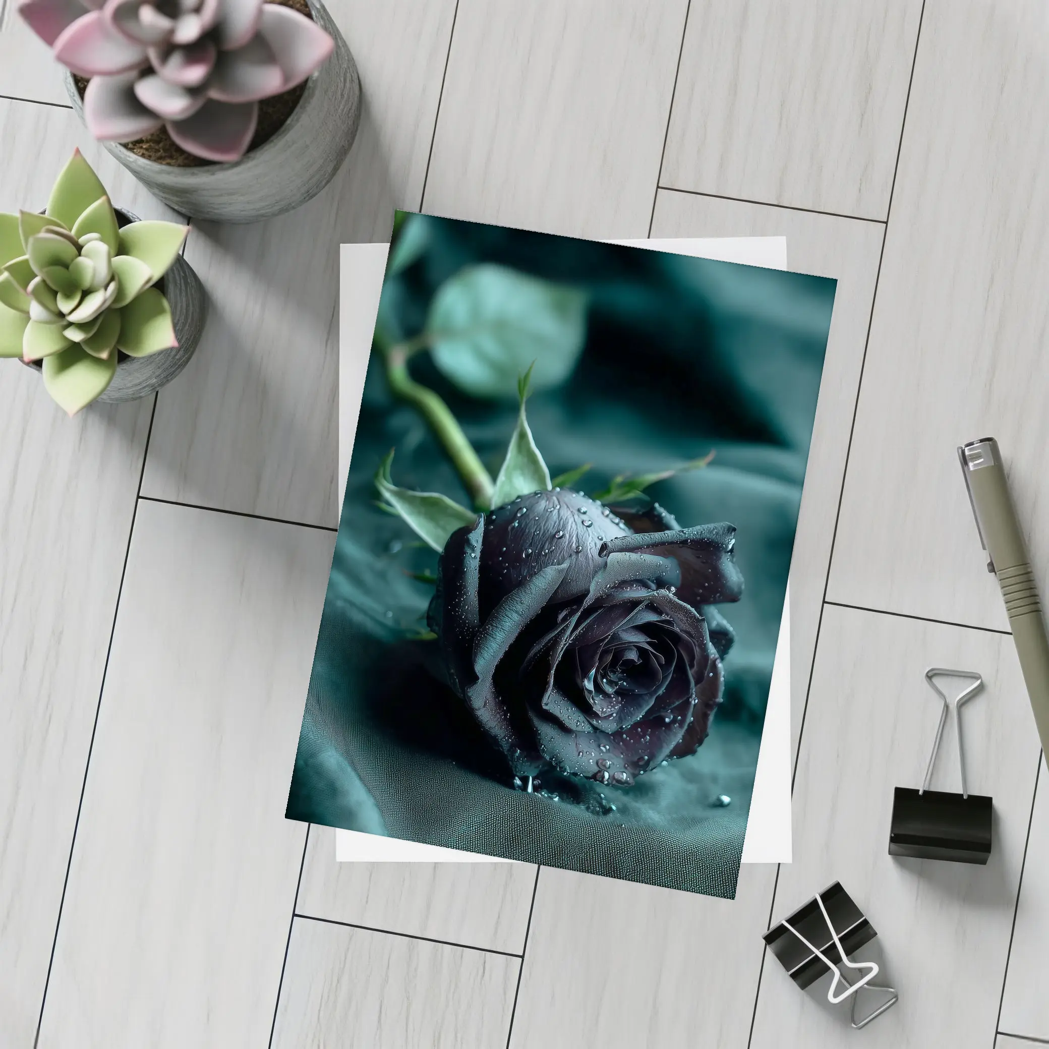Black Rose With Dewdrops On Dark Fabric – Postcards