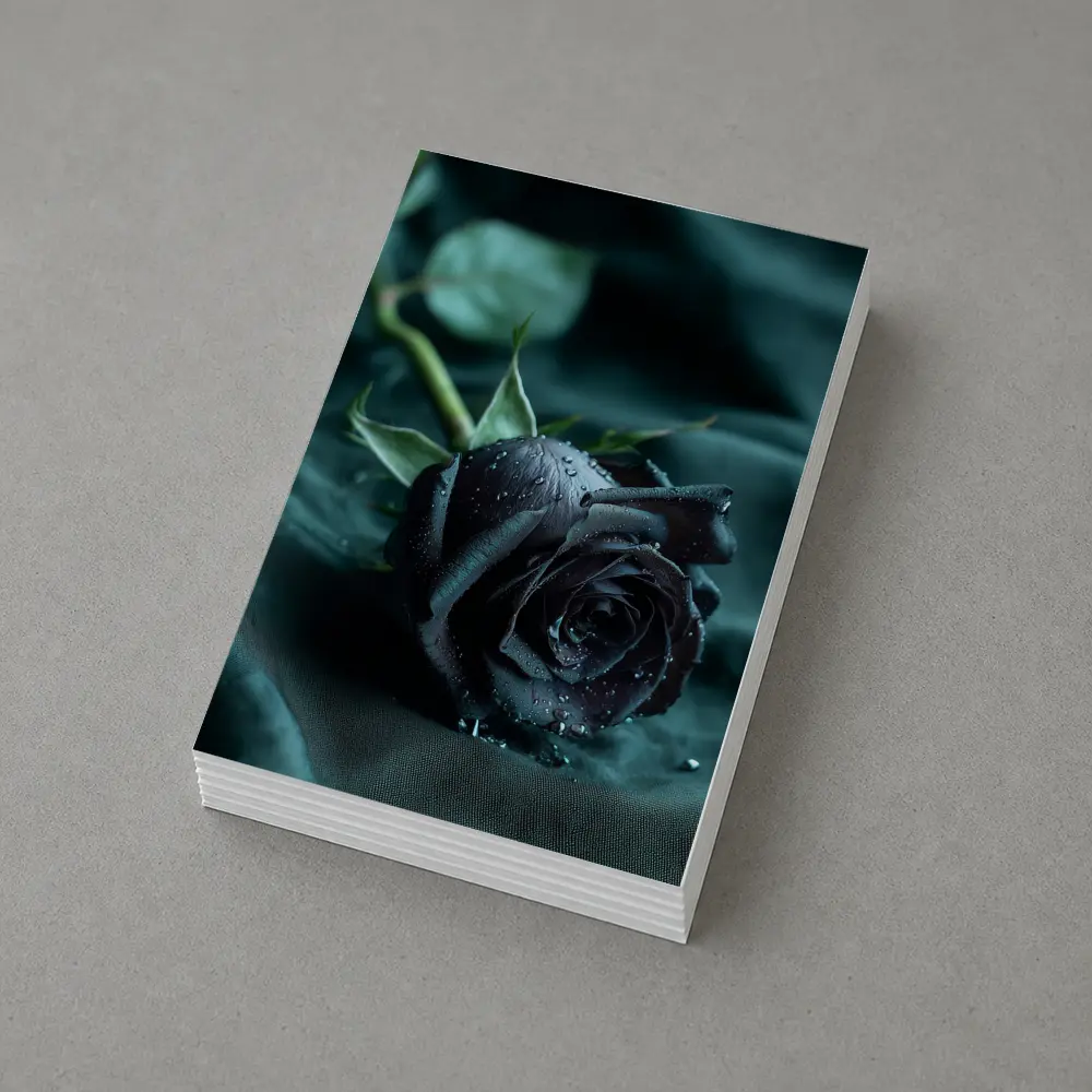 Black Rose With Dewdrops On Dark Fabric – Postcards