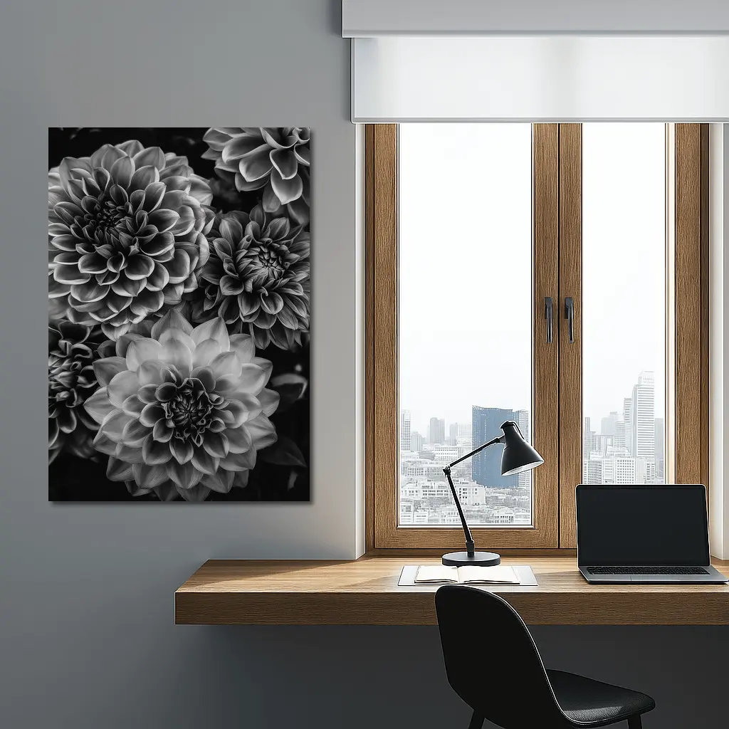 Black and White Dahlia Flowers Dark Background – Wall Art