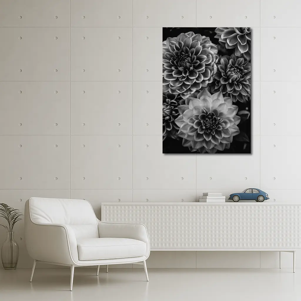 Black and White Dahlia Flowers Dark Background – Wall Art