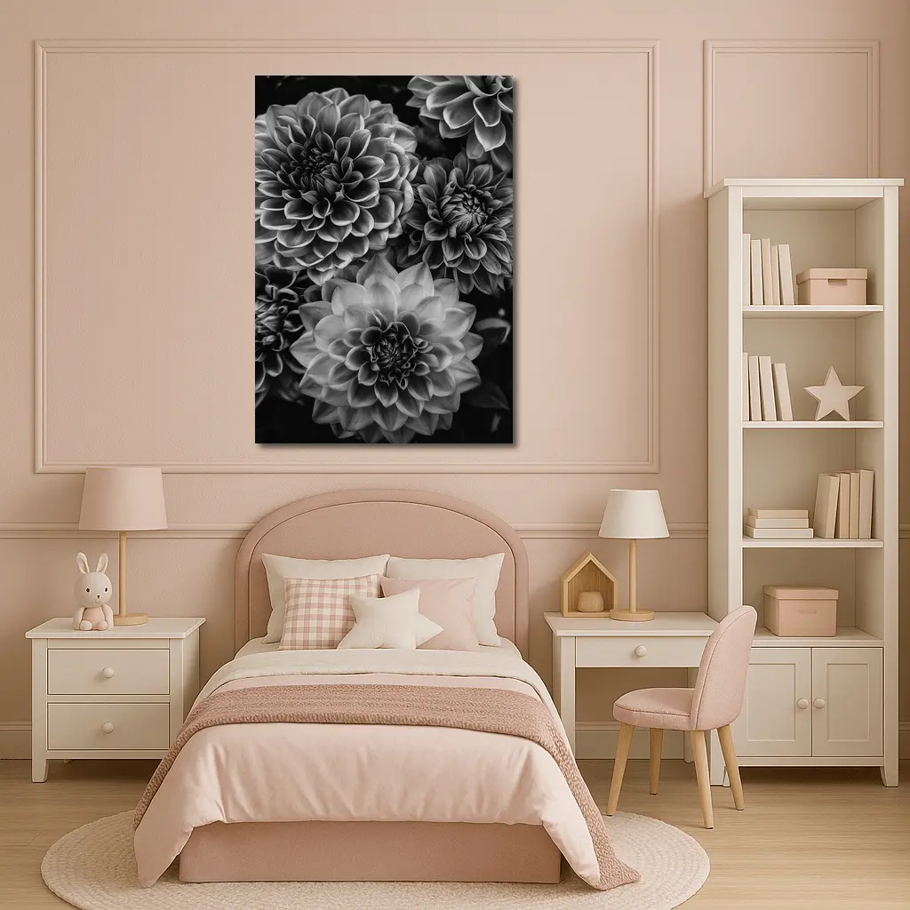 Black and White Dahlia Flowers Dark Background – Wall Art