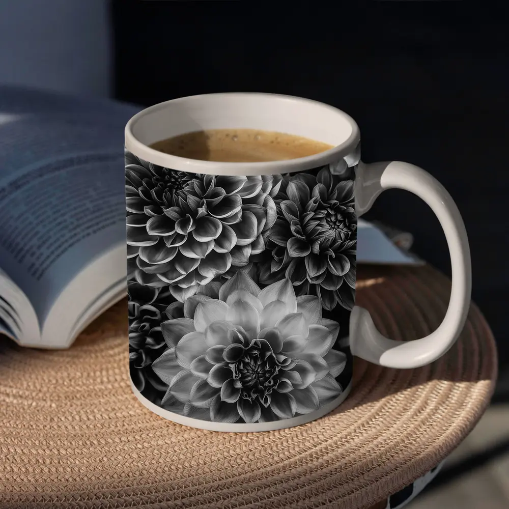 Black and White Dahlia Flowers Dark Background – Mugs