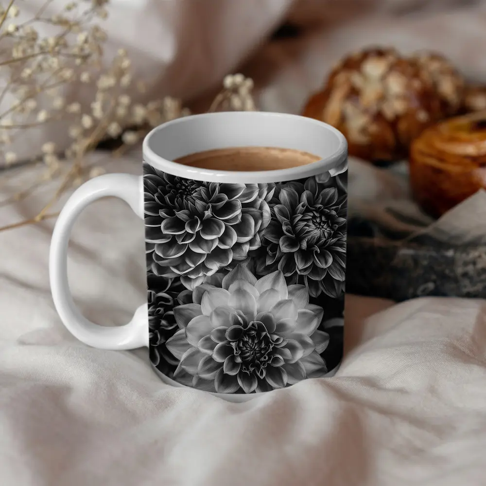 Black and White Dahlia Flowers Dark Background – Mugs