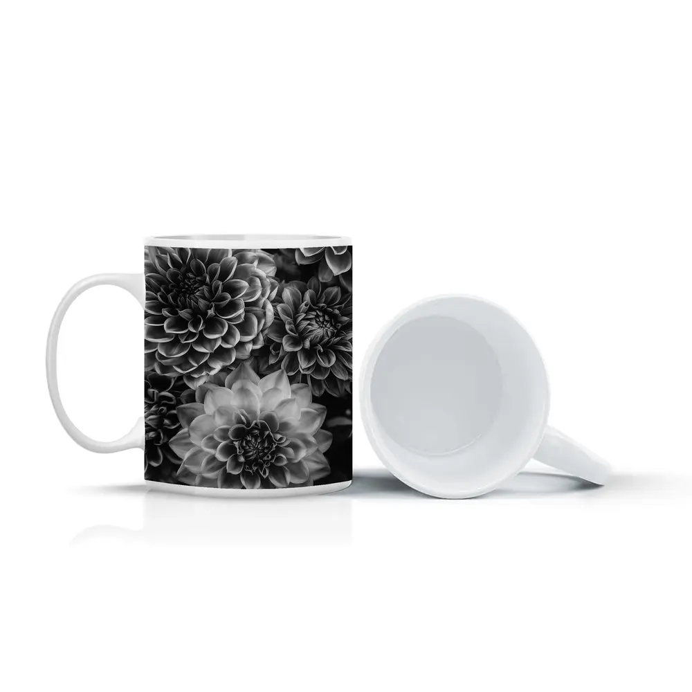 Black and White Dahlia Flowers Dark Background – Mugs