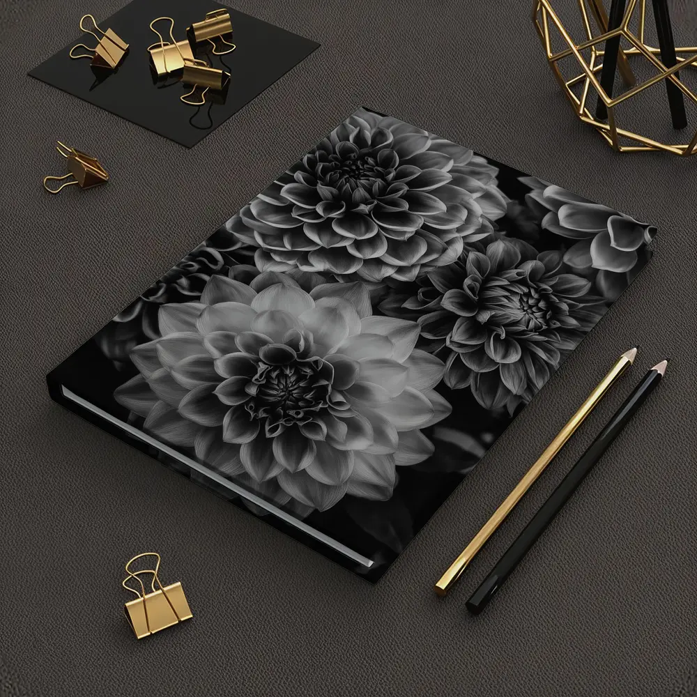 Black and White Dahlia Flowers Dark Background – Notebooks