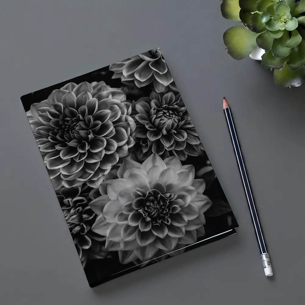 Black and White Dahlia Flowers Dark Background – Notebooks