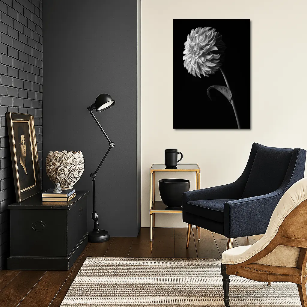 Black And White Dahlia Flower Dark Background – Wall Art