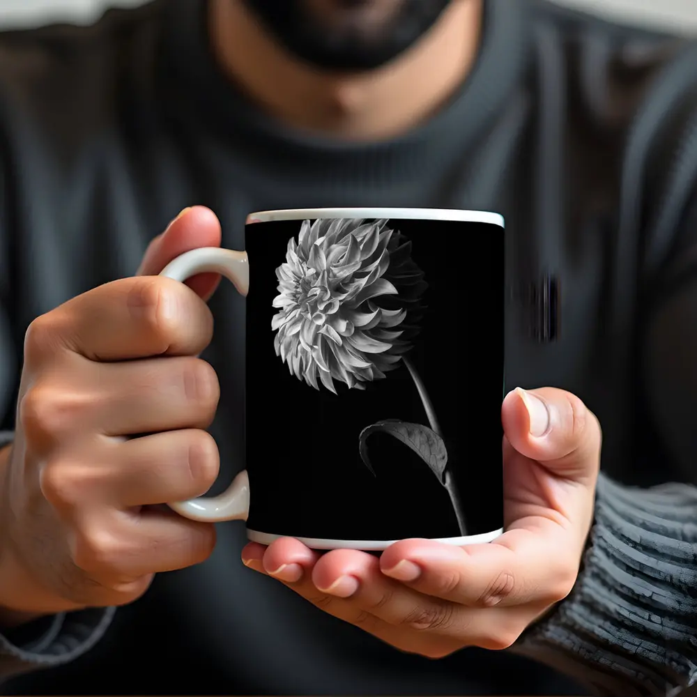 Black And White Dahlia Flower Dark Background – Mugs