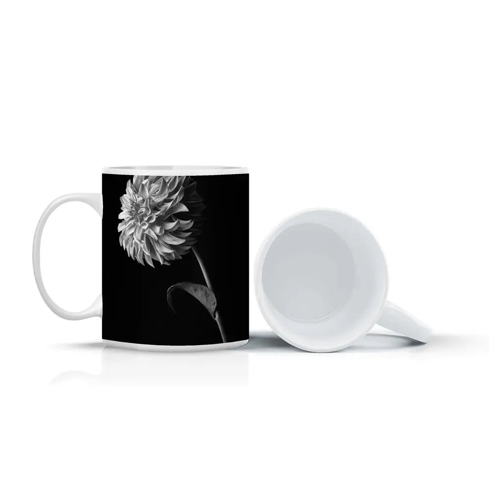 Black And White Dahlia Flower Dark Background – Mugs