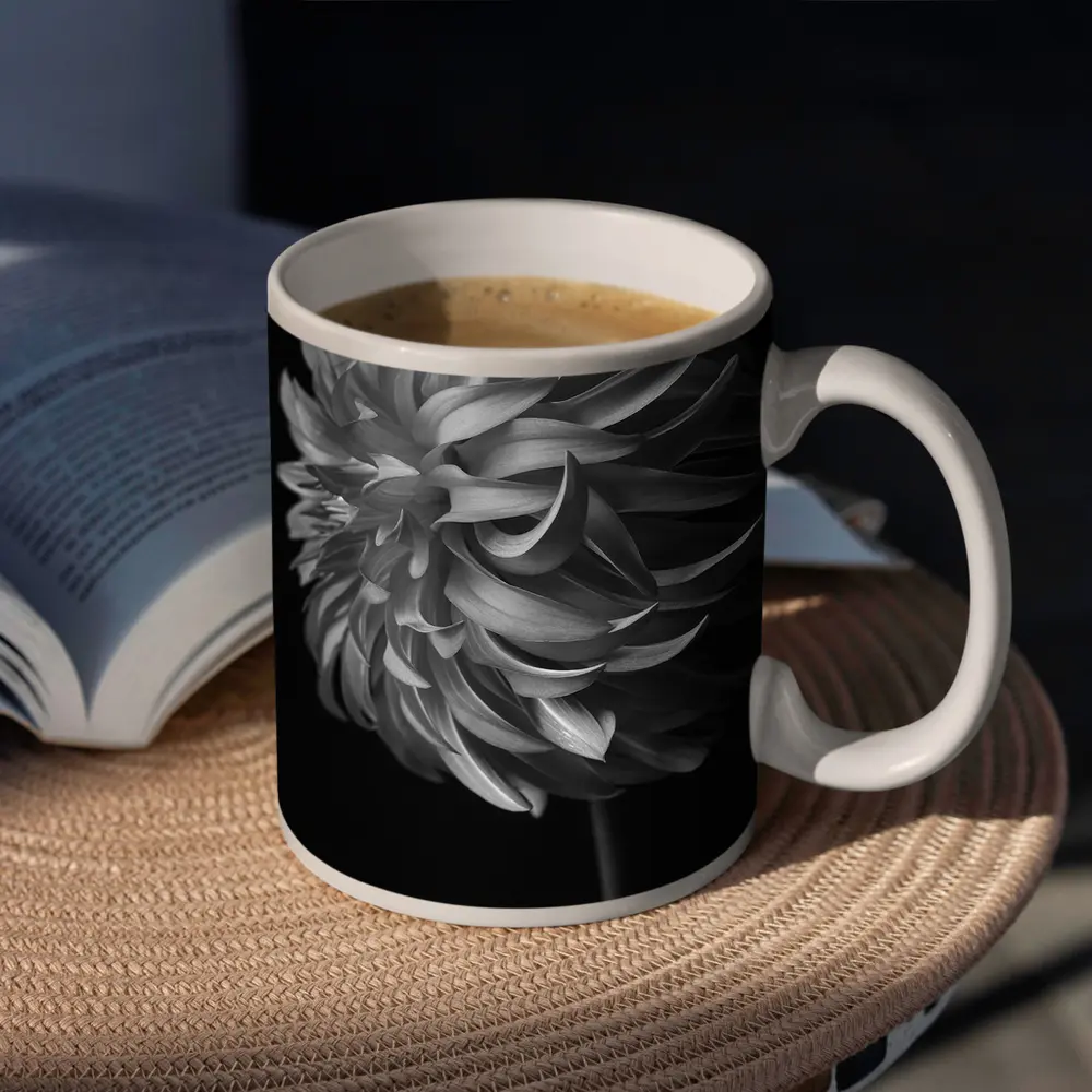 Black and White Dahlia Flower Dark Background – Mugs