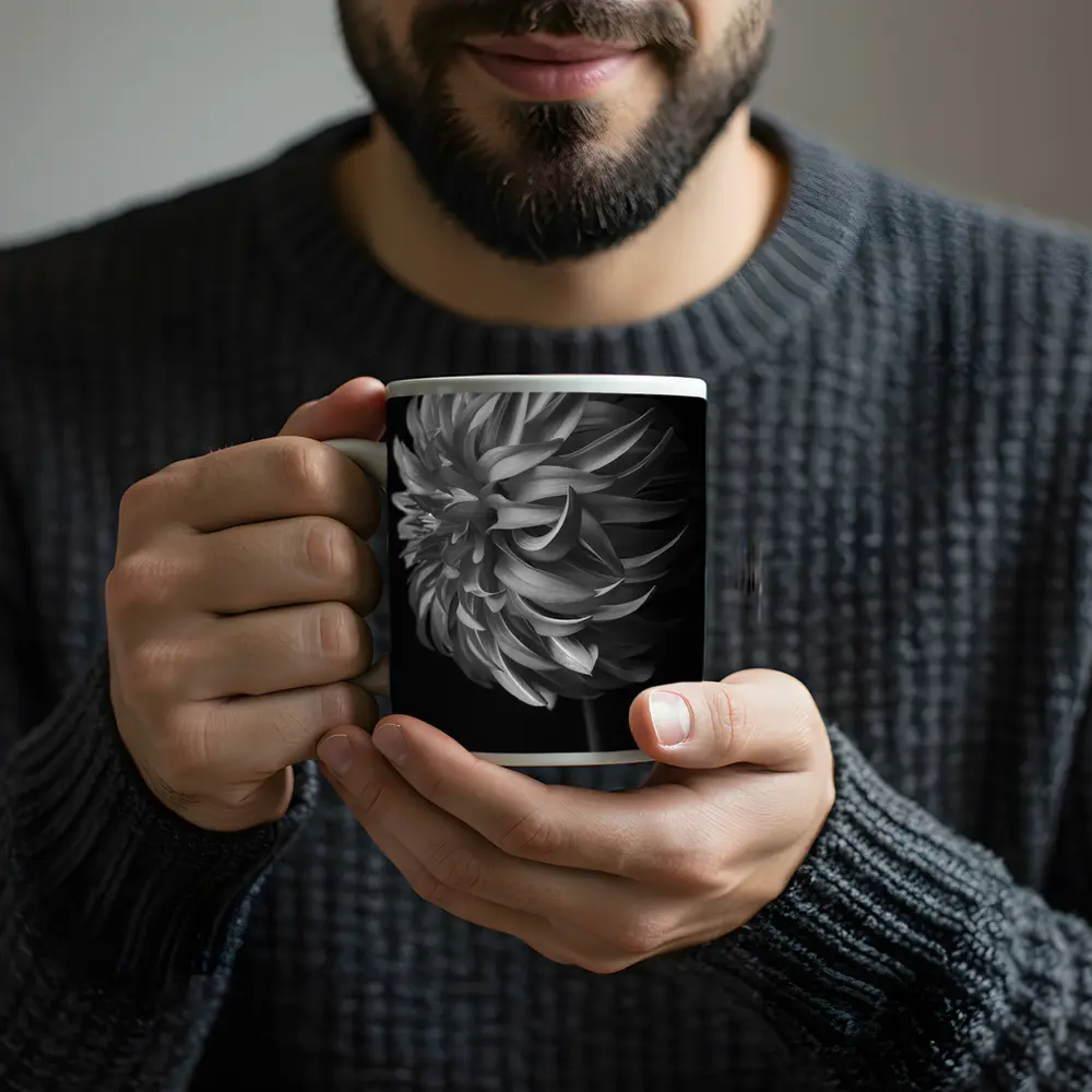 Black and White Dahlia Flower Dark Background – Mugs