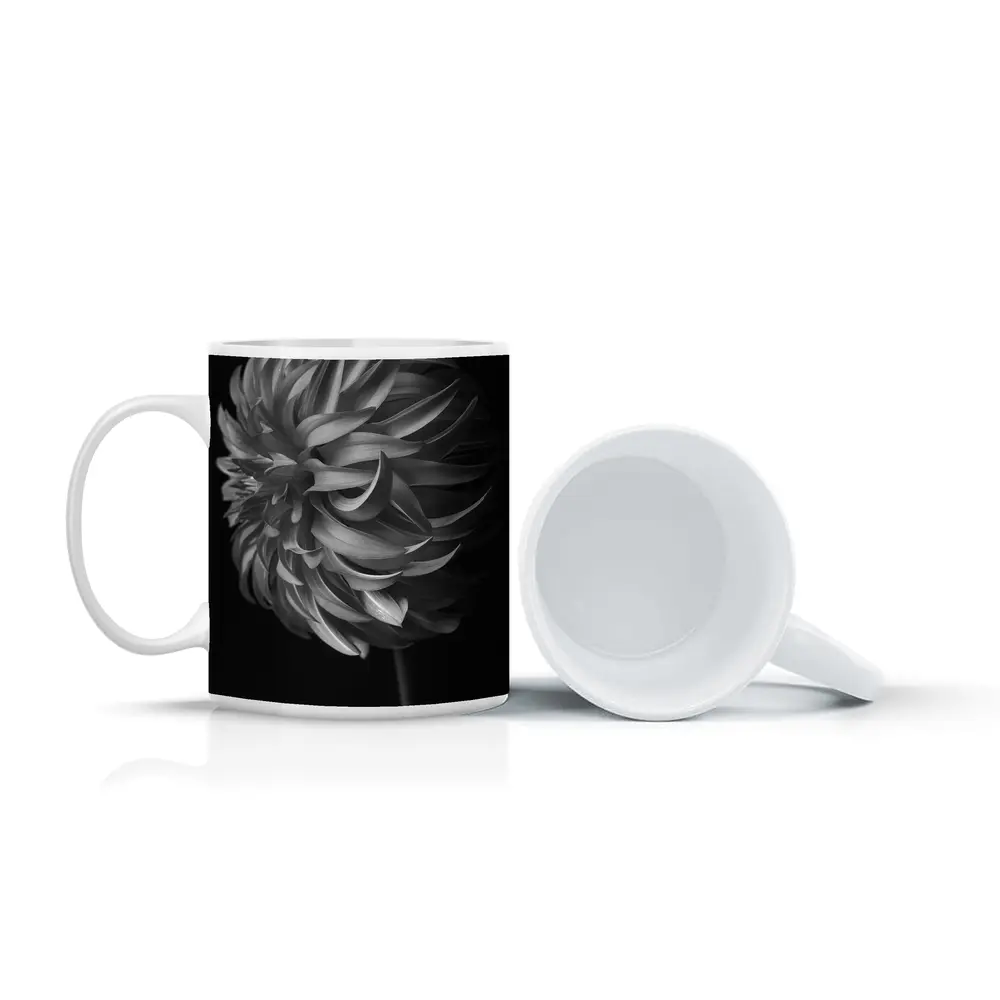 Black and White Dahlia Flower Dark Background – Mugs