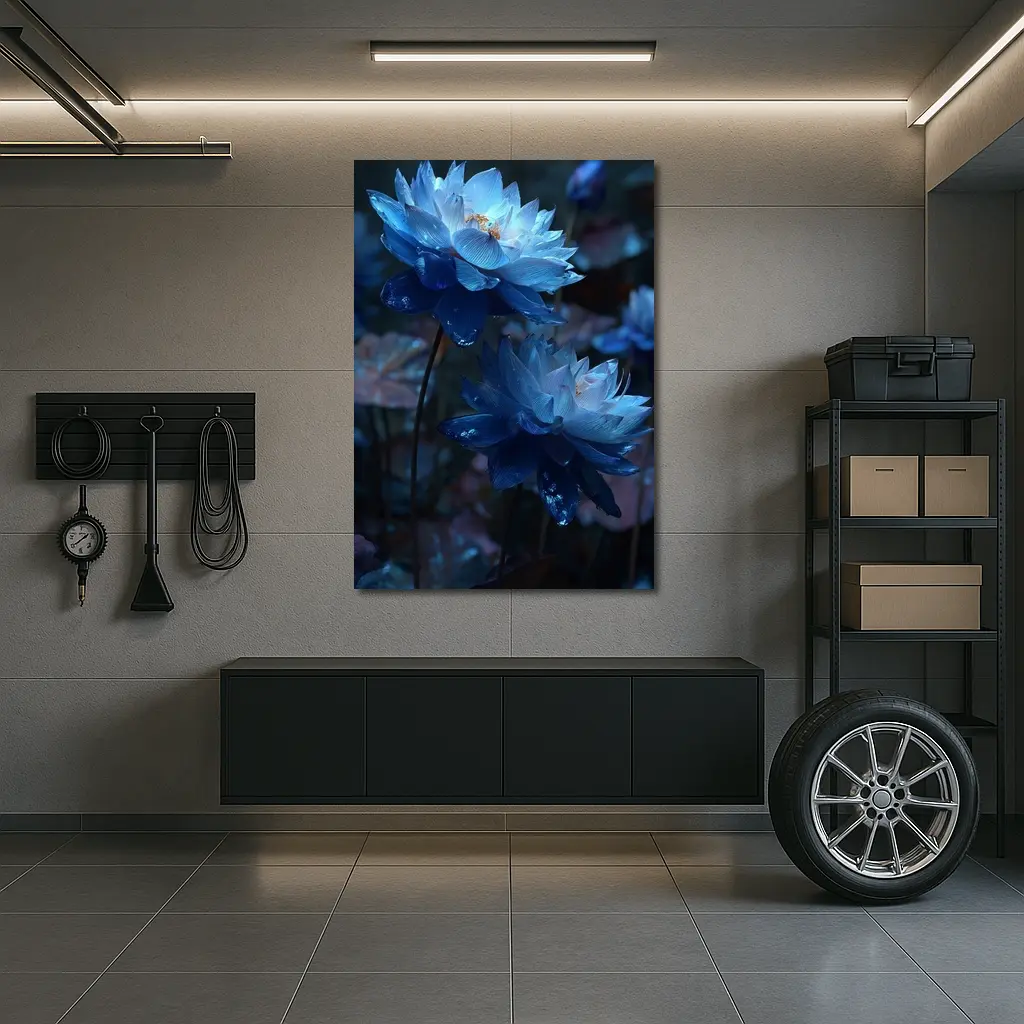 Blue Lotus Flowers Dark Moody Floral – Wall Art