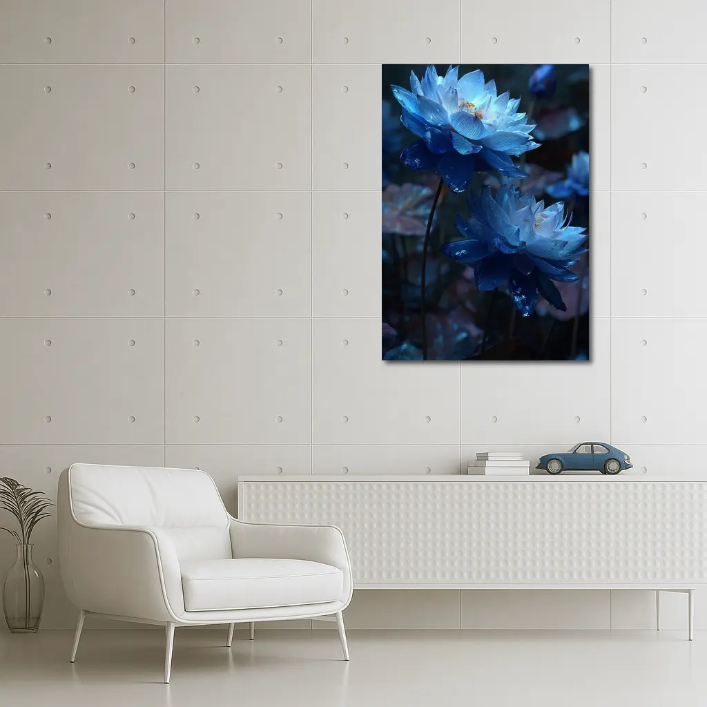 Blue Lotus Flowers Dark Moody Floral – Wall Art