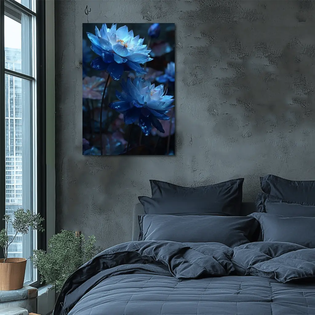 Blue Lotus Flowers Dark Moody Floral – Wall Art