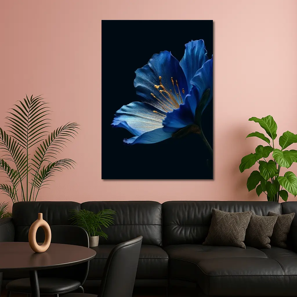 Blue Flower Golden Stamens Dark Background – Wall Art