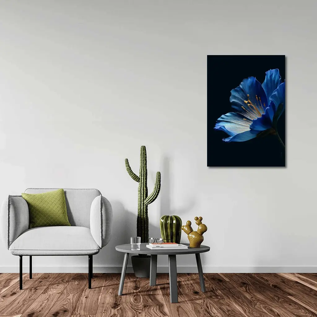 Blue Flower Golden Stamens Dark Background – Wall Art