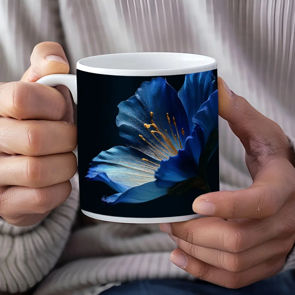 Blue Flower Golden Stamens Dark Background – Mugs