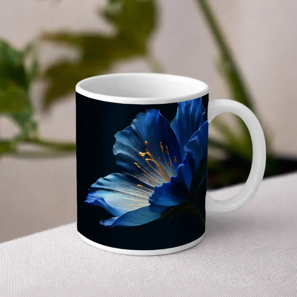 Blue Flower Golden Stamens Dark Background – Mugs