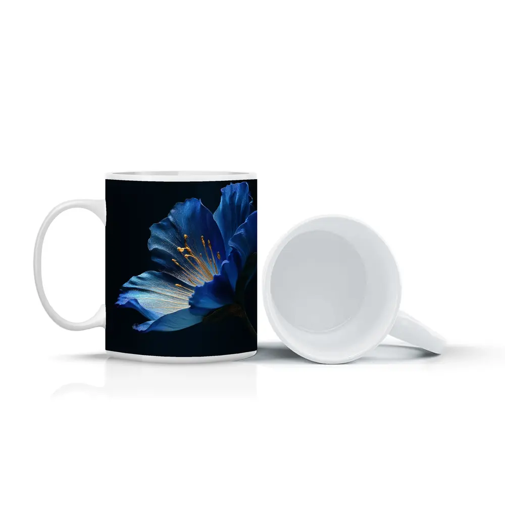 Blue Flower Golden Stamens Dark Background – Mugs