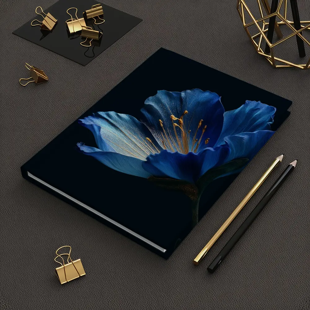 Blue Flower Golden Stamens Dark Background – Notebooks