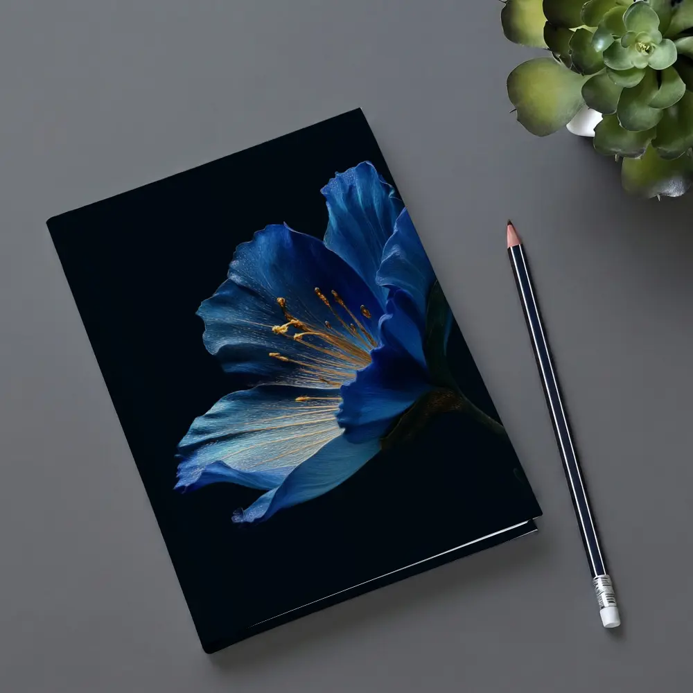 Blue Flower Golden Stamens Dark Background – Notebooks