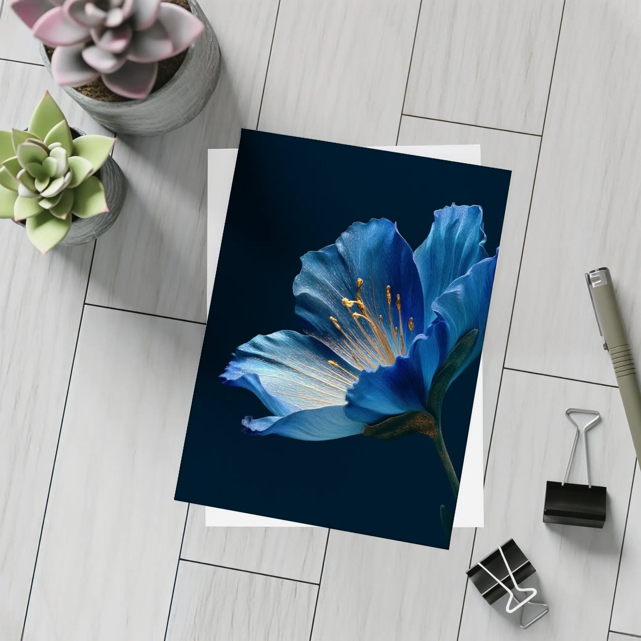 Blue Flower Golden Stamens Dark Background – Postcards