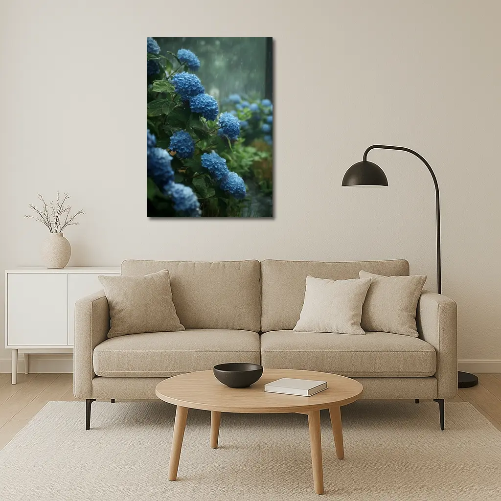 Blue Hydrangeas Blooming in Rainy Garden – Wall Art