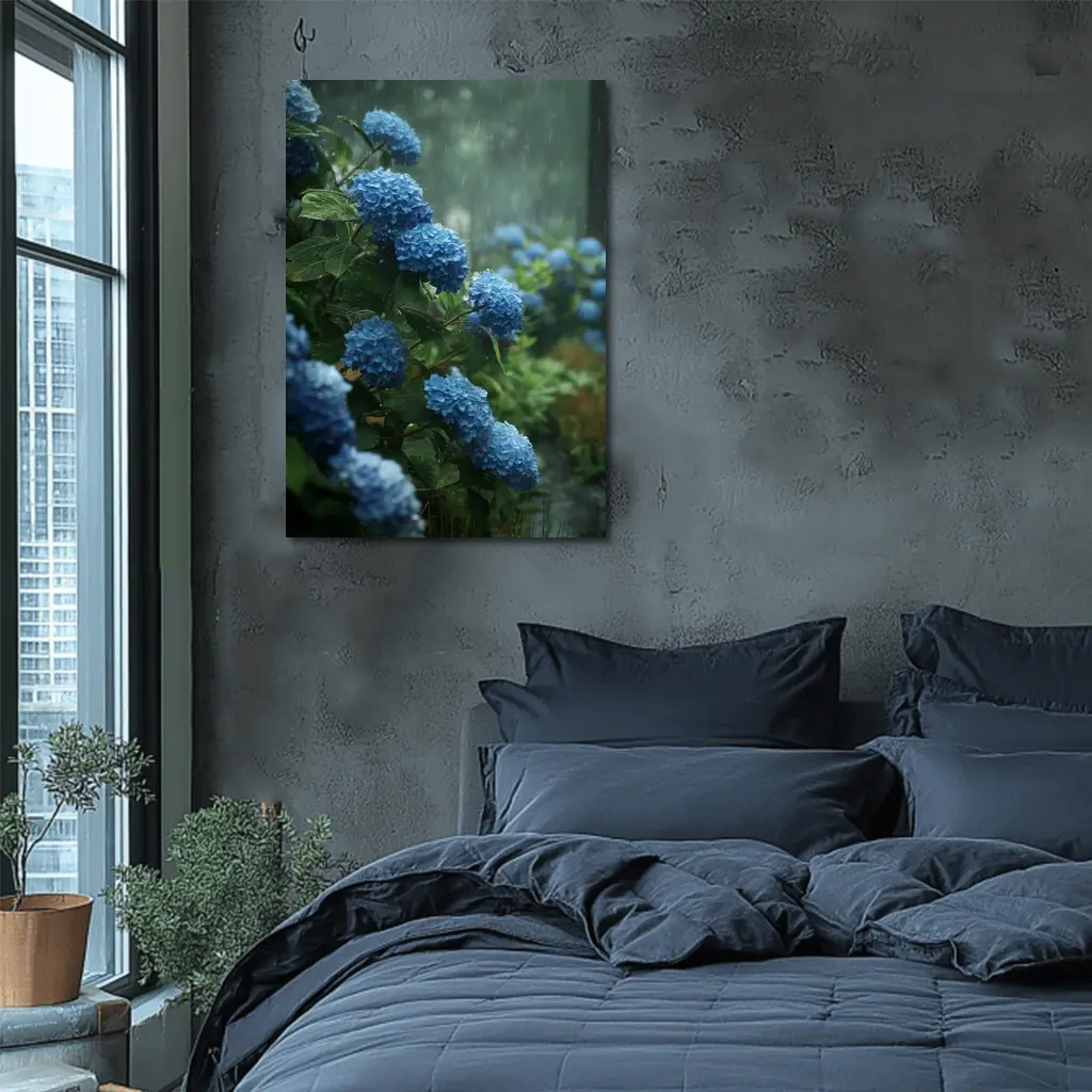 Blue Hydrangeas Blooming in Rainy Garden – Wall Art