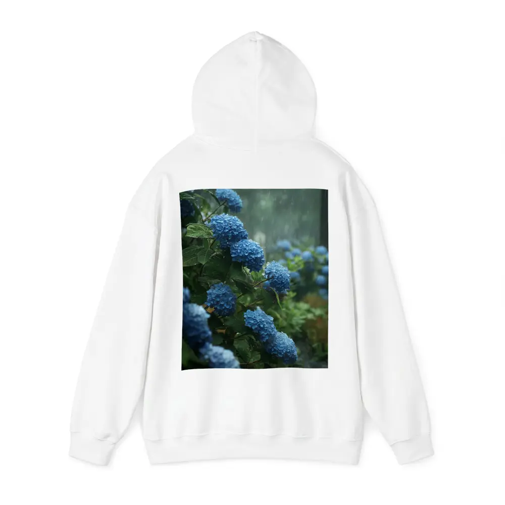 Blue Hydrangeas Blooming in Rainy Garden – Hoodies