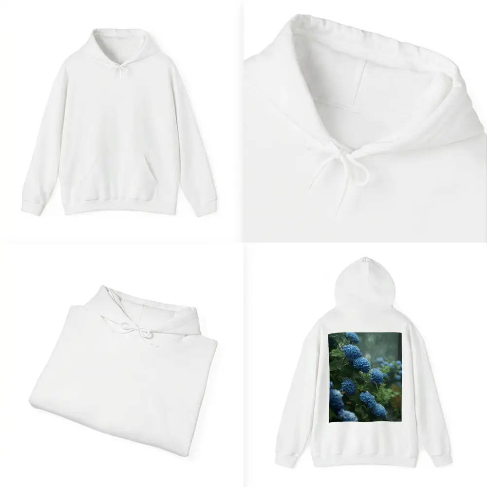 Blue Hydrangeas Blooming in Rainy Garden – Hoodies