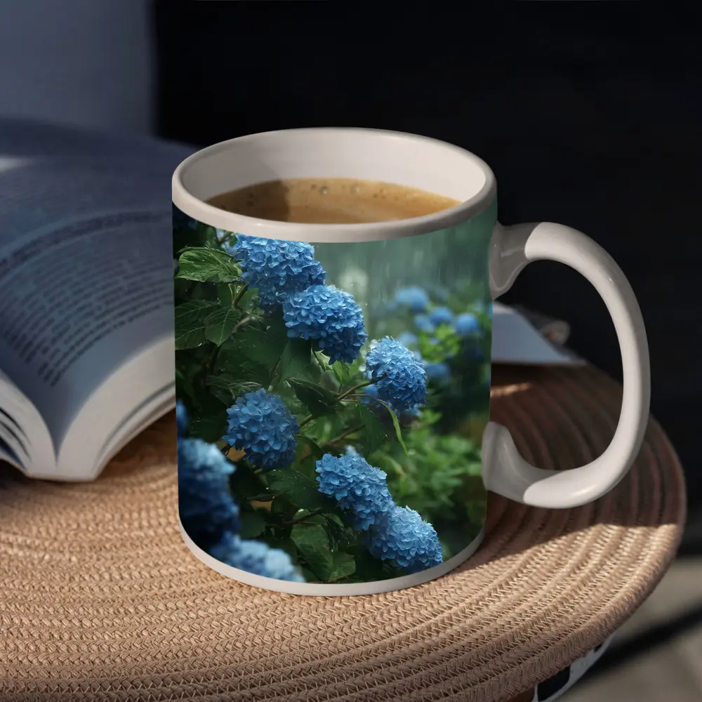 Blue Hydrangeas Blooming in Rainy Garden – Mugs