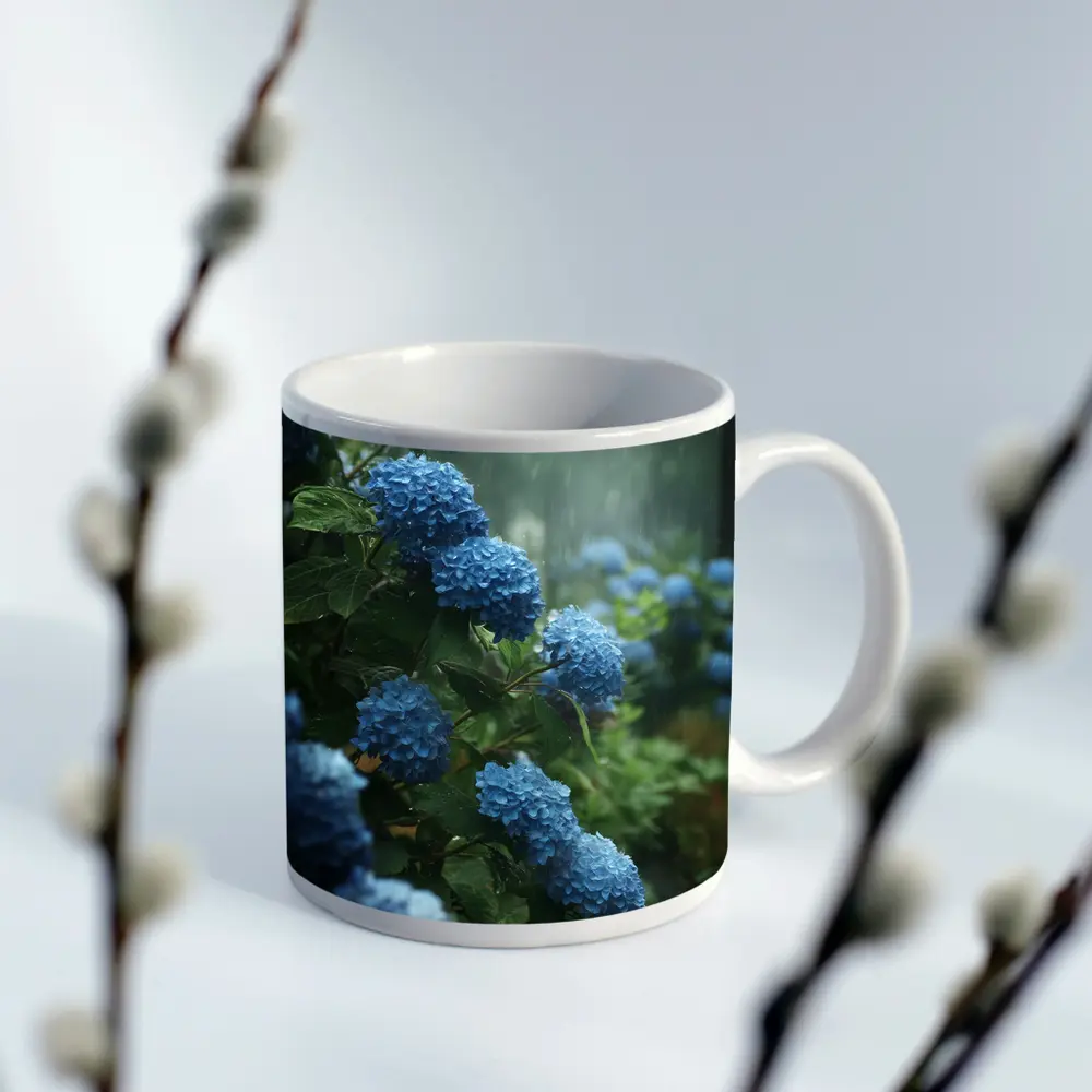 Blue Hydrangeas Blooming in Rainy Garden – Mugs