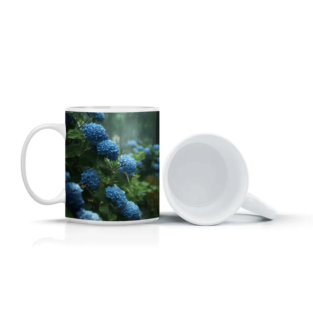 Blue Hydrangeas Blooming in Rainy Garden – Mugs