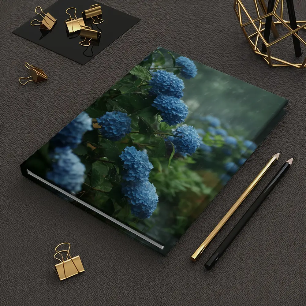 Blue Hydrangeas Blooming in Rainy Garden – Notebooks