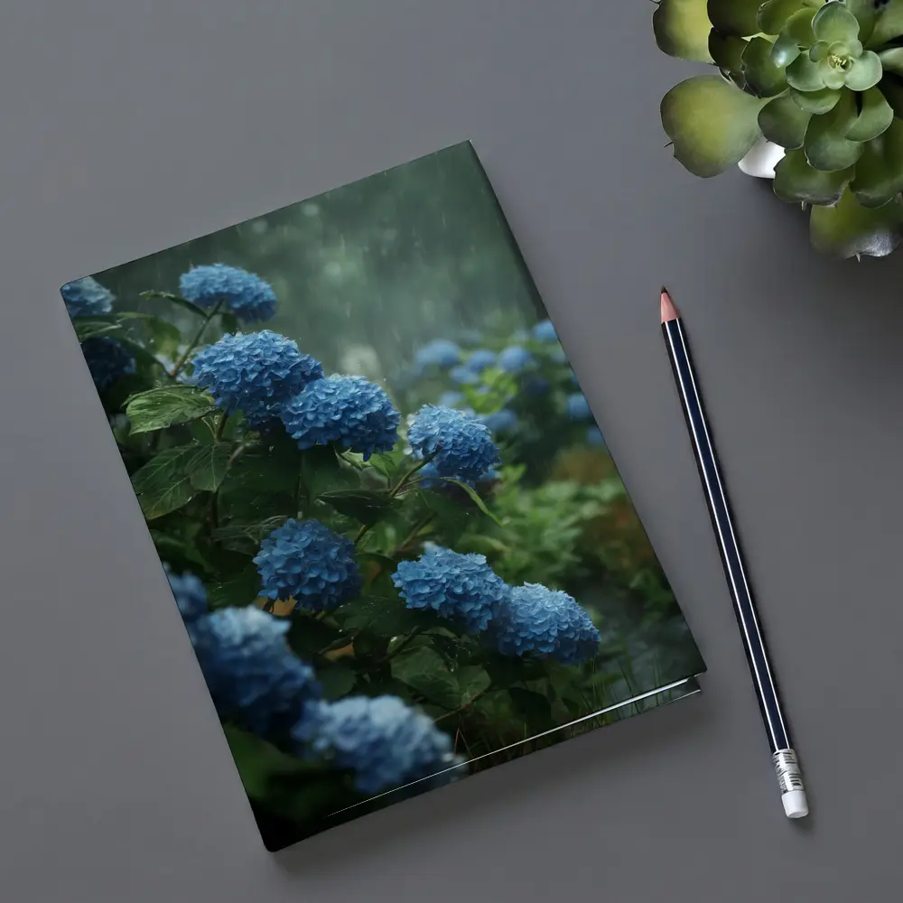 Blue Hydrangeas Blooming in Rainy Garden – Notebooks