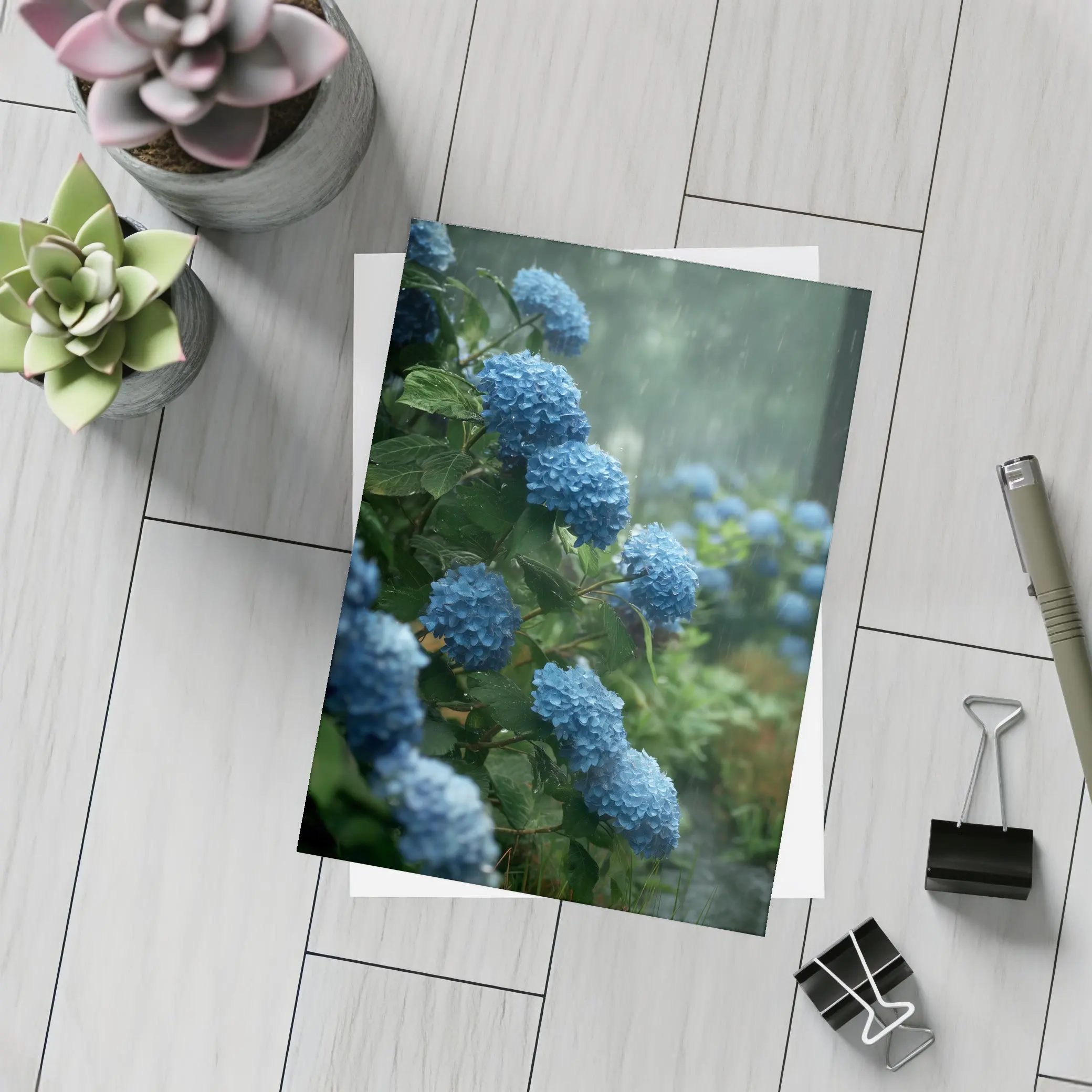 Blue Hydrangeas Blooming in Rainy Garden – Postcards