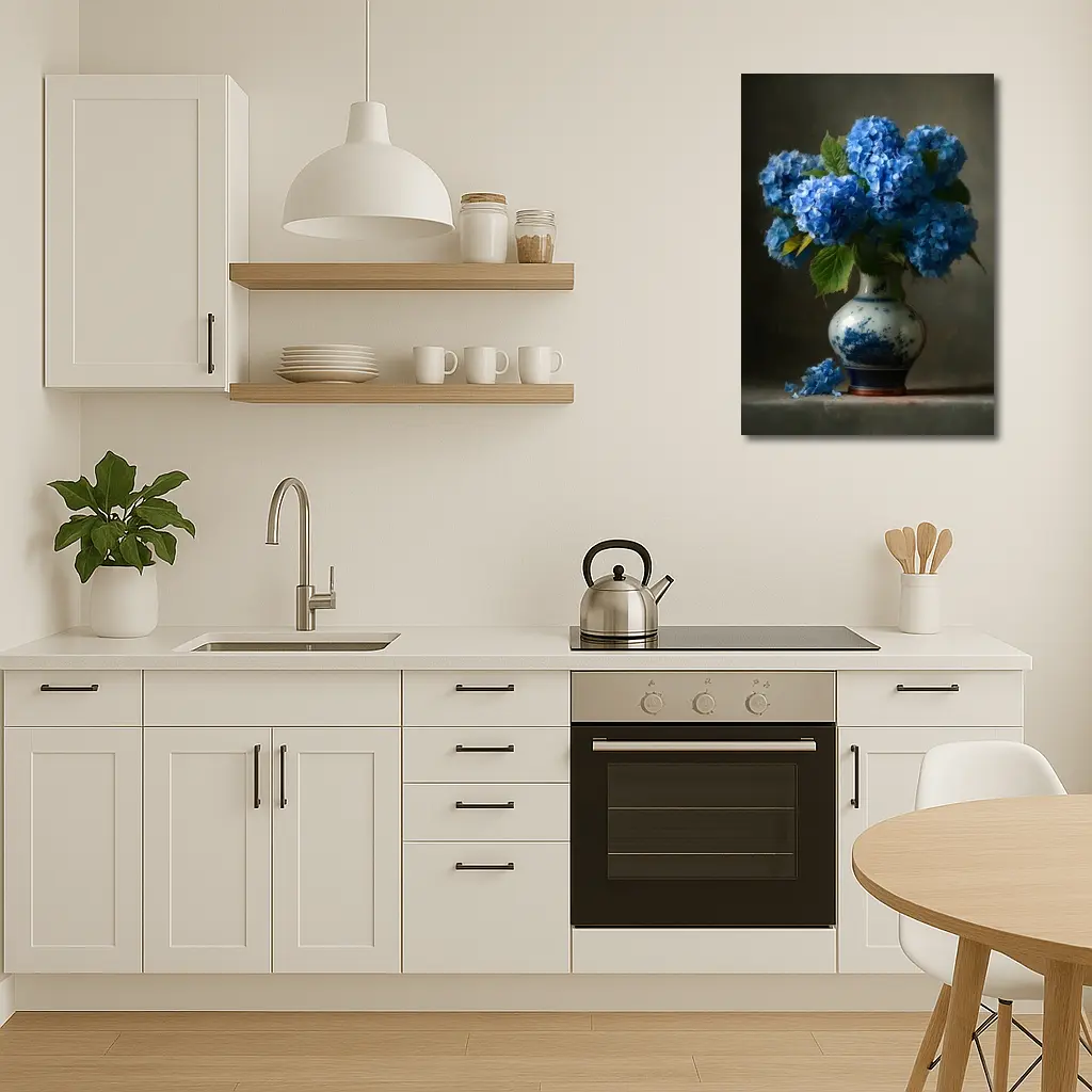 Blue Hydrangeas in Delft Porcelain Vase – Wall Art