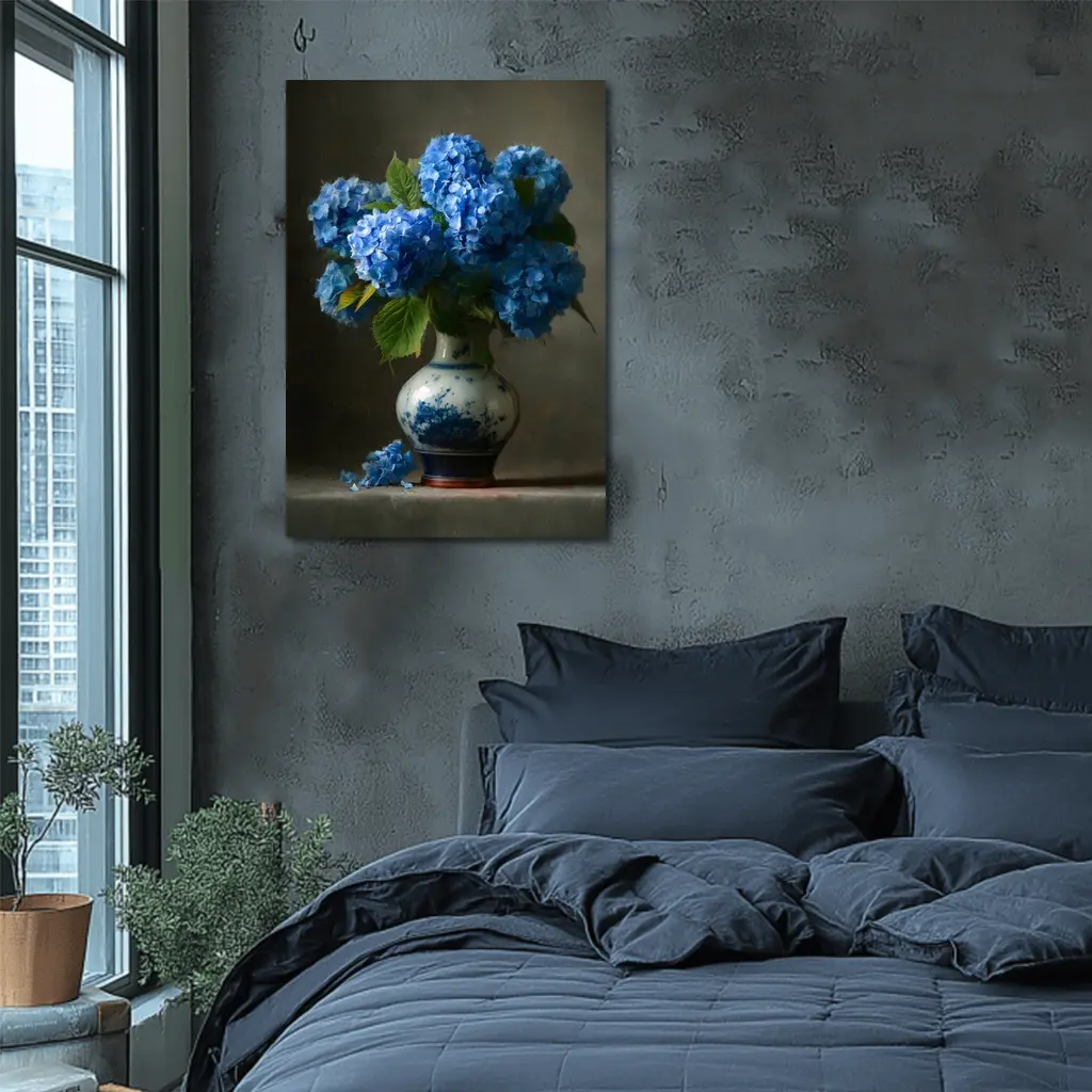 Blue Hydrangeas in Delft Porcelain Vase – Wall Art