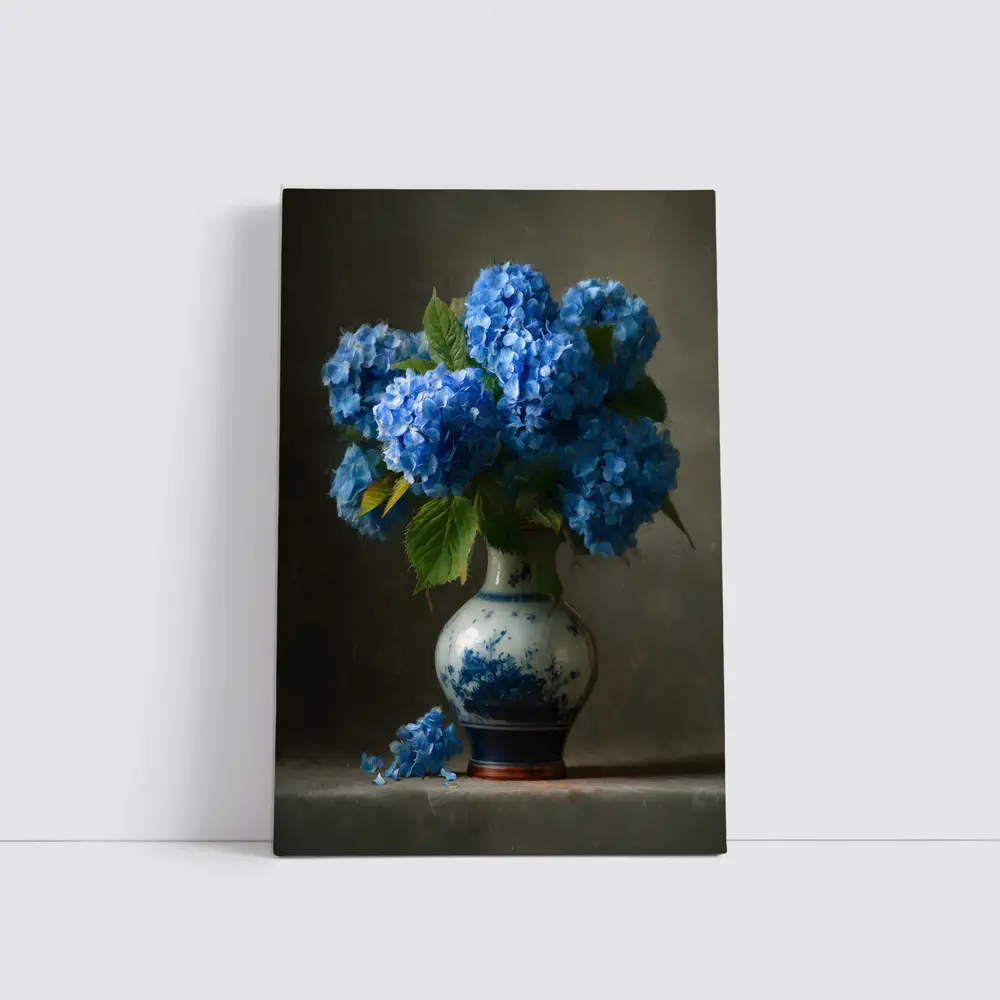 Blue Hydrangeas in Delft Porcelain Vase – Wall Art