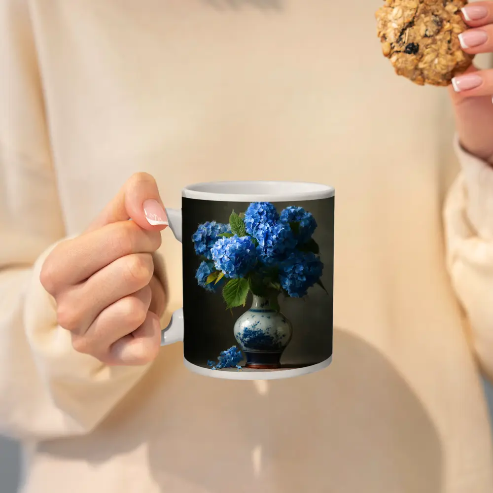 Blue Hydrangeas in Delft Porcelain Vase – Mugs