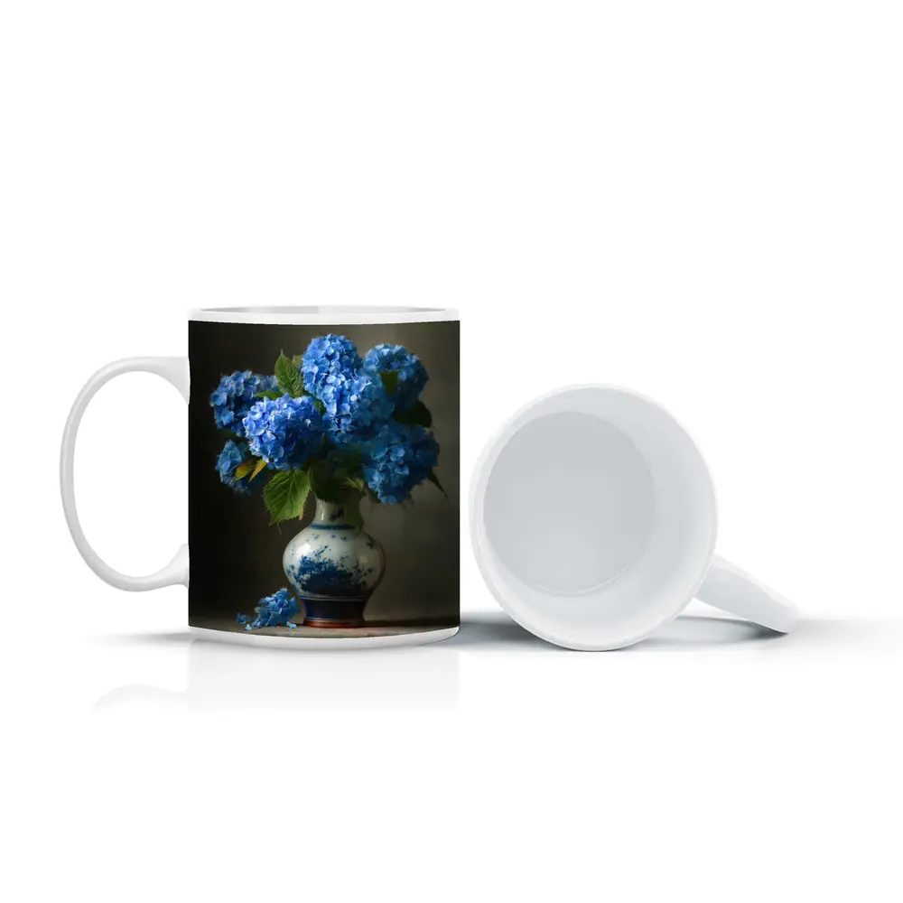 Blue Hydrangeas in Delft Porcelain Vase – Mugs
