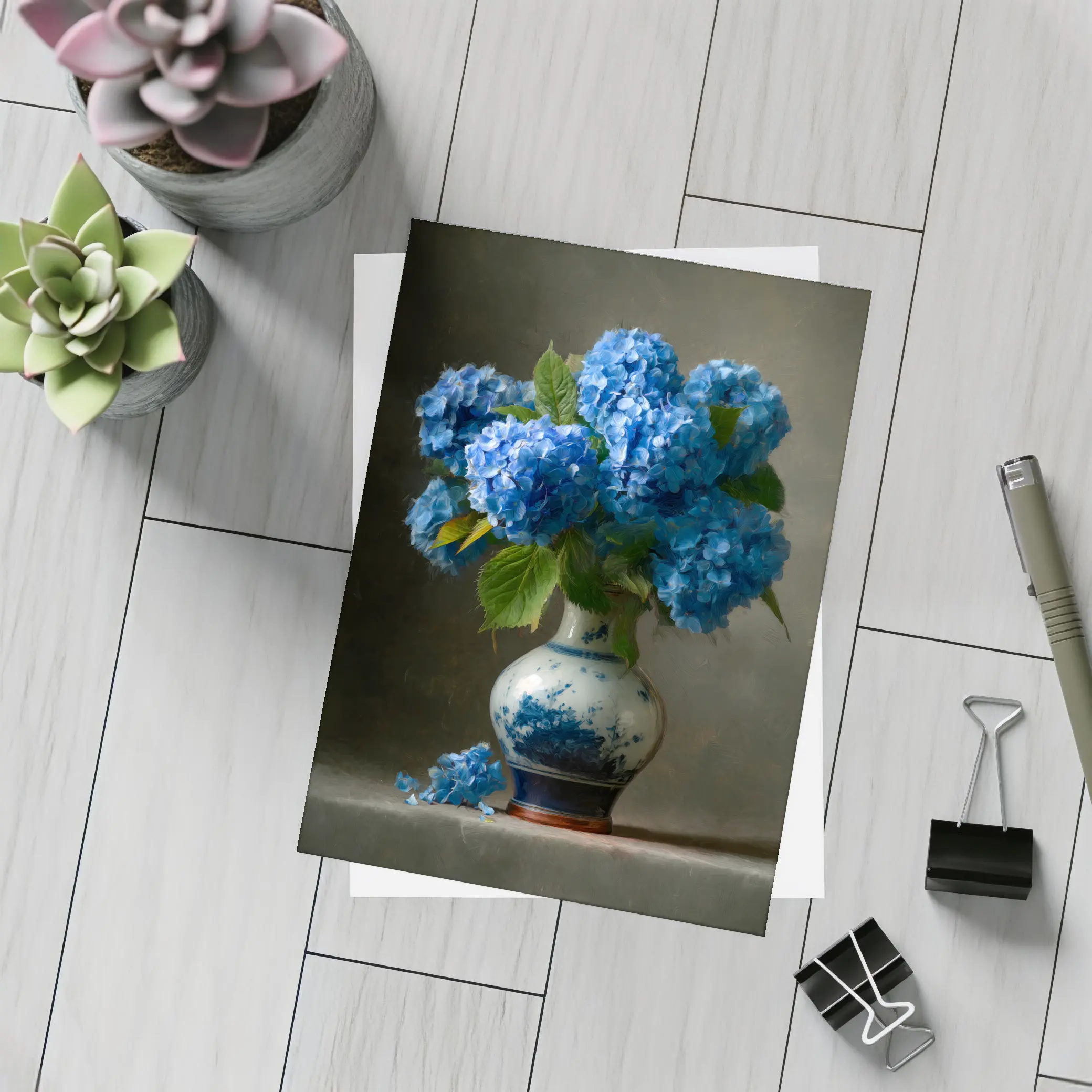Blue Hydrangeas in Delft Porcelain Vase – Postcards